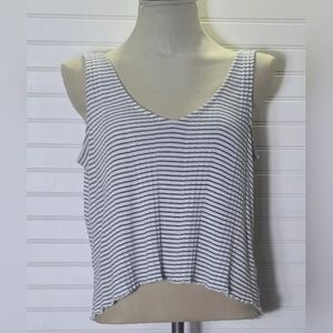 Madewell Women’s Sz S Ribbed Cropped Oversized Tank Top White Blue Stripe Preppy